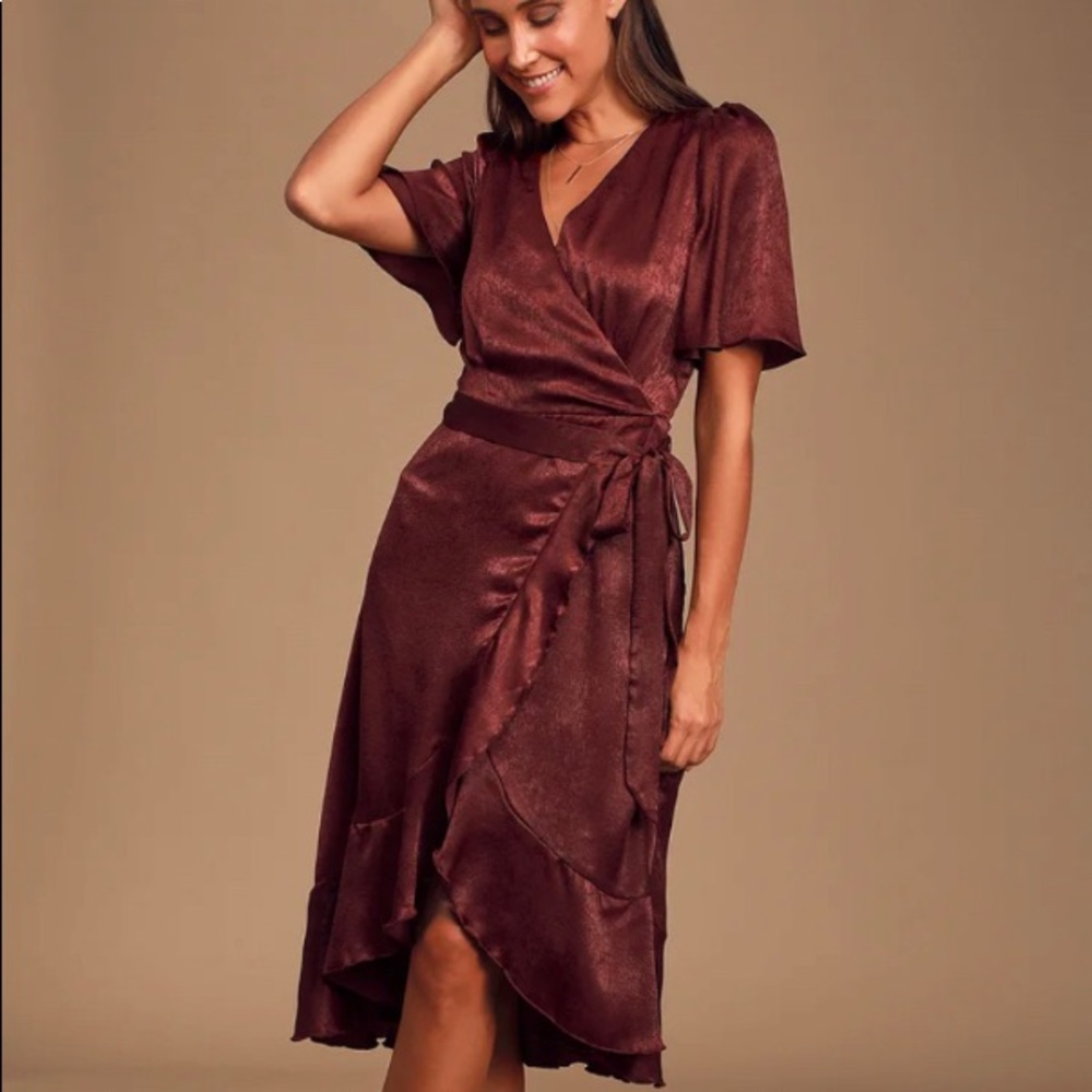 *SOLD* Lulus Wrapped Up Satin Wrap Midi Dress